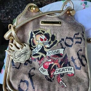 Ed Hardy "Black Rose of Death" Y2K Gold Large Purse